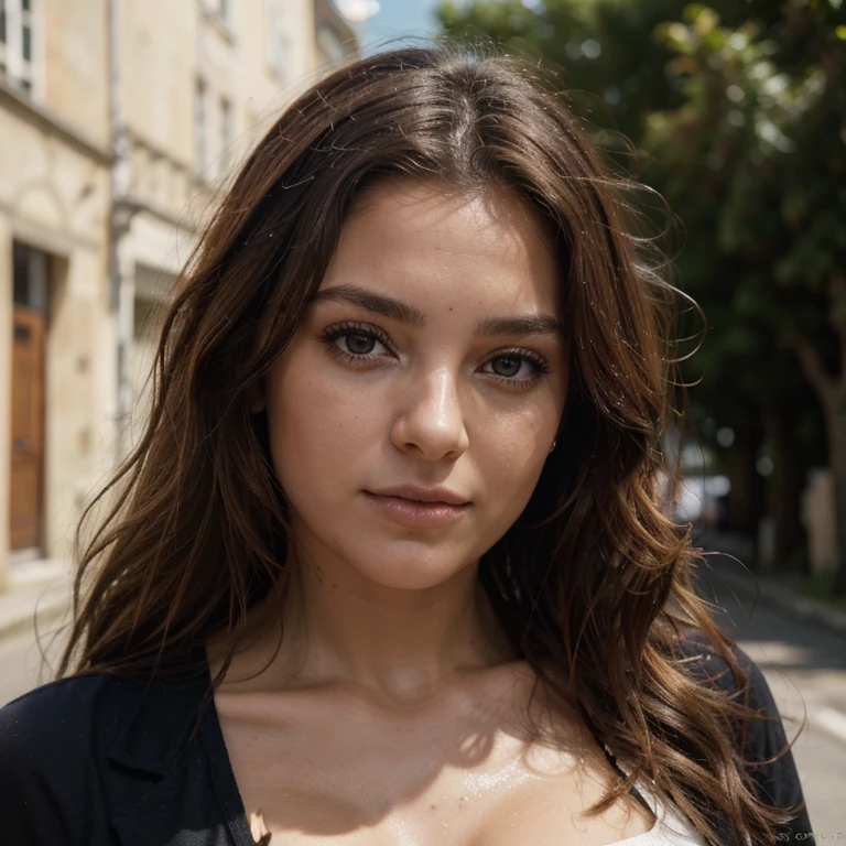 emme colombienne, visage oval, sensual lips, gros yeux marrons, 18 ans old, corps sportif mince, poitrine de taille moyenne, dehors dans une ville, 1/2 corps, vue de face, long curly hair, porter des vêtements à la mode, les vêtements sont entiers et constants, Pas de texte, sunny weather, blurred background, photo de selfie, cinema lighting, flou de mouvement, grain de film, Very detailed, 30 ans, cheveux bruns naturels, dark brown eyes, high resolution, chef-d'artwork, best quality, intricate details, Very detailed, sharpness, Detailed skin, Realistic skin texture, texture, detailed eyes, professionnel, 4k, 85mm, faible profondeur de champ, Vision des couleurs Kodak, corps parfaitement ajusté, extremely detailed, photo_\(ultra\), photoRealistic, Realistic, Post-traitement, maximum detail, roughness, vrai vie, ultra Realistic, photorealism, La photographie, 8k euh, La photographie (grain de film) plan moyen pour gros plan, visage plus long et plus mince, visage parfait, joli visage ovale long, dark brown eyes, (((VERY CURLY))), regard profond et charmant, yeux charmants marron foncé, look affectueux, visage parfait en maillot de bain