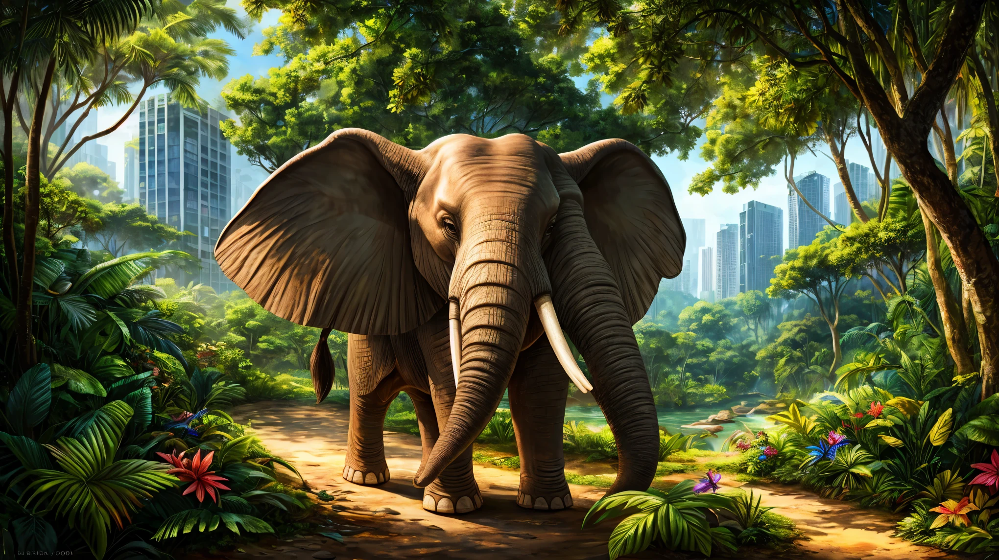 (best quality,photorealistic:1.37),elephant in the jungle,natural surroundings,tall trees with lush green leaves,bright sunlight filtering through the branches,wild vegetation covering the forest floor,colorful butterflies fluttering around,stunning tropical flowers blooming,condominiums and buildings in the background blending with nature's beauty,warm tones and vibrant colors,perfectly blended shadows and highlights,realistic depiction of the elephant's appearance and texture.