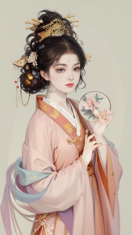 A beautiful girl from the Tang Dynasty of China，one hand holding cup，Delicate and fair facial features，Cool temperament，red clothes，Black hair coiled into a bun，Wearing hairpins，Chinese Tang dynasty costumes，red gold dress，long black hair，Sunlight，Clear face，Ultra-clear，masterpiece，super detailed，high quality，最high quality，Main color is red