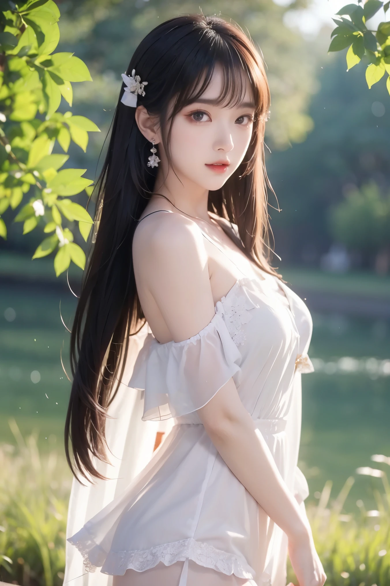 whole body，Messy long hair，bare shoulders，stand，（masterpiece，high quality，best quality），light追踪，Extremely detailed CG unified 8K wallpaper，solo，Sunlight，light，fantasy，magical sparkles，outdoor，lake，pantyhose