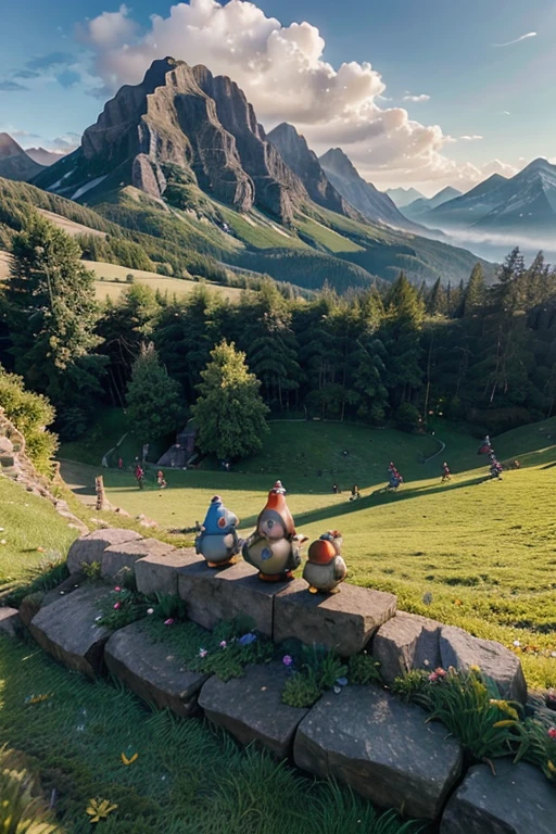 make me a picture of 20 individual gnome like fantasy Cute creatures playing on grass like ledges in a fantasy real like mountain scape