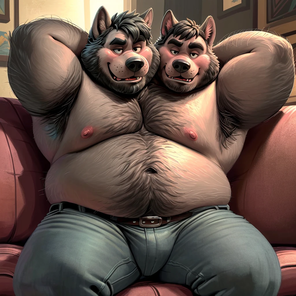 solo, canine, three headed wolf, wolf tail, (identical:1.3), (overweight:1.3, obese:1.3, fat, big belly, adult, 50 year old male:1.3, (stylized 3d:1.1, by disney:1.2, by rembrandt, by dramamine), pixar:1.1, (gray fur, black hair, beard), gray background, (shirtless, jeans, belt, bulge), navel, correct hands, correct anatomy, (detailed eyes:1.2, cartoon eyes:1.2, small dark pupils), (ultradetailed, best quality, detailed masterpiece, highly detailed masterpiece, 4k, professional cartoon:1.7), ((sitting on couch:1.3, arms behind head:1.1, hairy armpits, natural pose:1.3, nuanced expressions:1.3)), (((dadbod)))