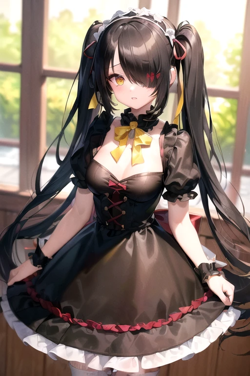 (Masterpiece, 8k, Best Quality, Highly detailed, depth of field:1.4), 1girl, tokisaki kurumi, black hair, twintails, (hair over one eye:1.5), (red eyes:1.2), (yellow eyes:1.5), heterochromia, (small breast:1.2), lolita hairband, dress, bow, ribbon, lolita fashion, gothic lolita