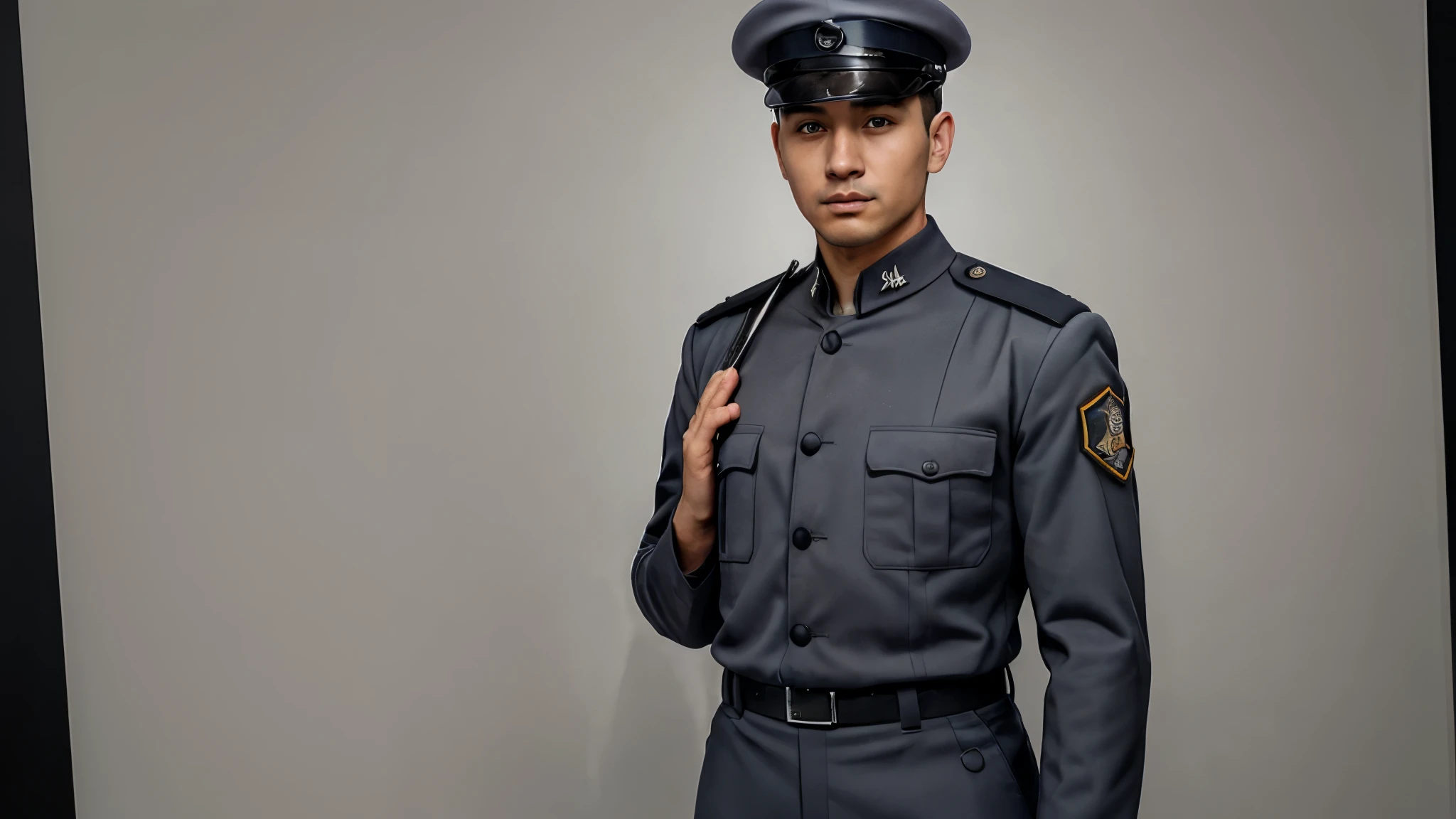 Handsome policeman, 25 years old, light brown hair. (((whole body))) . dressed as a policeman.  Photorealistic, 8k, detailed face, high quality, photorealistic