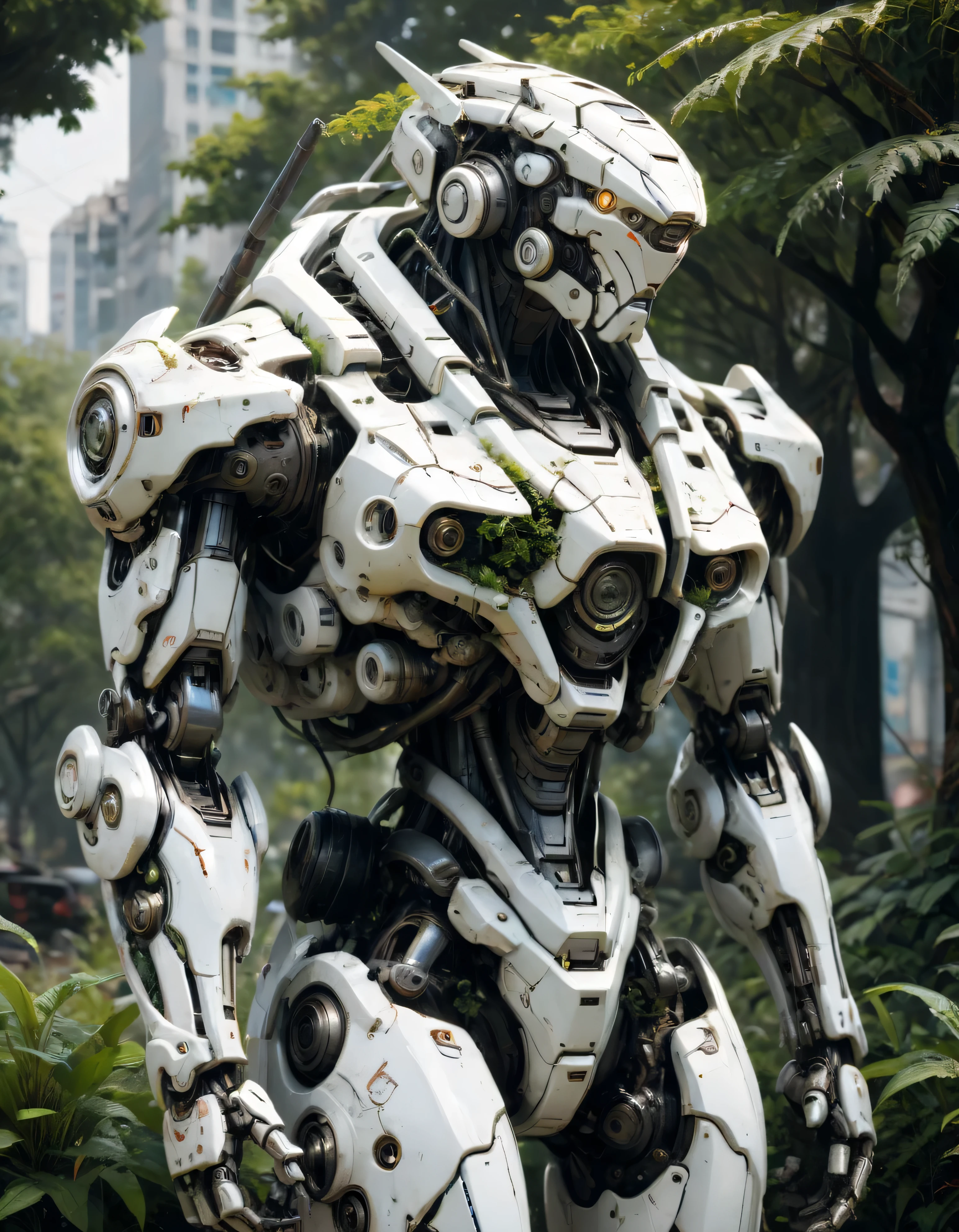 Abandoned white Mech, plants on Mech body, scratches, park, (best quality, masterpiece, Representative work, official art, Professional, Ultra intricate detailed, 8k:1.3)