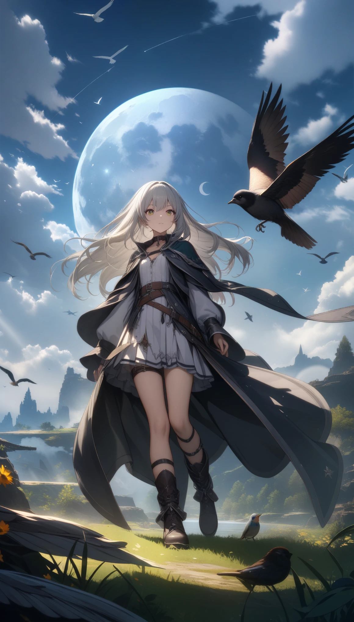 32k, best quality, ultra high res, HDR, UHD, extremely detailed CG, unity 32k wallpaper, highest quality, very detailed, masterpiece, Super detailed, cloud, witch_have, have, 1 girl, null, green_null,Day, length_hair, cloudy_null, moon,bird, alone, Silver_hair, witch, outdoor,
