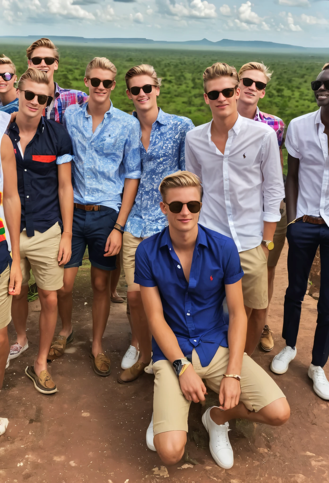 10 dutch students, (men), wearing ralph lauren shirts, on holiday in uganda, drunk, Ray-Ban, long hair, random hair coloring, smiling