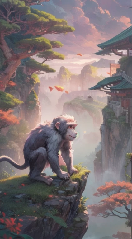 8k masterpiece, best quality:1.2, (–Aspect 3:2) (– Quality 1.5) (– Chaos 50) Iconic monkey character from 70s TV show flies on pink cloud,whimsical、A nostalgic scene unfolds, Soaring gracefully over the vast and picturesque Chinese landscape. The atmosphere is bathed in the soft glow of a golden hour sunset, Casts warm and vibrant tones on the terrain.The monkeys are depicted in intricate detail, His fur has a texture that is both soft and vibrant. As he clenched his trusty cane,His eyes sparkled with mischief and adventure., Shimmering with a mysterious aura. His pink clouds are depicted as fluffy, ethereal mass, Partially translucent, With hints of iridescent pink and purple,Create a dreamy texture.The Chinese landscape below is a tapestry of lush green mountains, Winding River, And quaint villages nestled among the rolling hills. The landscape's level of detail captures the complexity of nature, Various textures and colors,From lush green forests to rocky cliffs.Atmospheric conditions heighten the sense of wonder, The breeze ruffled the monkey's fur,A wisp of cloud trailed behind his flight. The distant horizon is shrouded in a soft mist, Add depth and mystery to scenes.Stylistic aspects, This artwork blends realism with fantasy, Capturing the nostalgic essence of the TV show and the charm of traditional Chinese landscapes. 构图强调了猴子踏上另一场whimsical的旅程时的冒险感和冒险感.This tip includes all relevant aspects,to create a highly detailed and visually captivating image of monkeys from the 1970s TV show flying on pink clouds over a Chinese landscape, Holding his trusted employees. (ethereal:1.2), (subsurface scattering:1.2), (CG works:1.2), octane rendering, 3D artwork