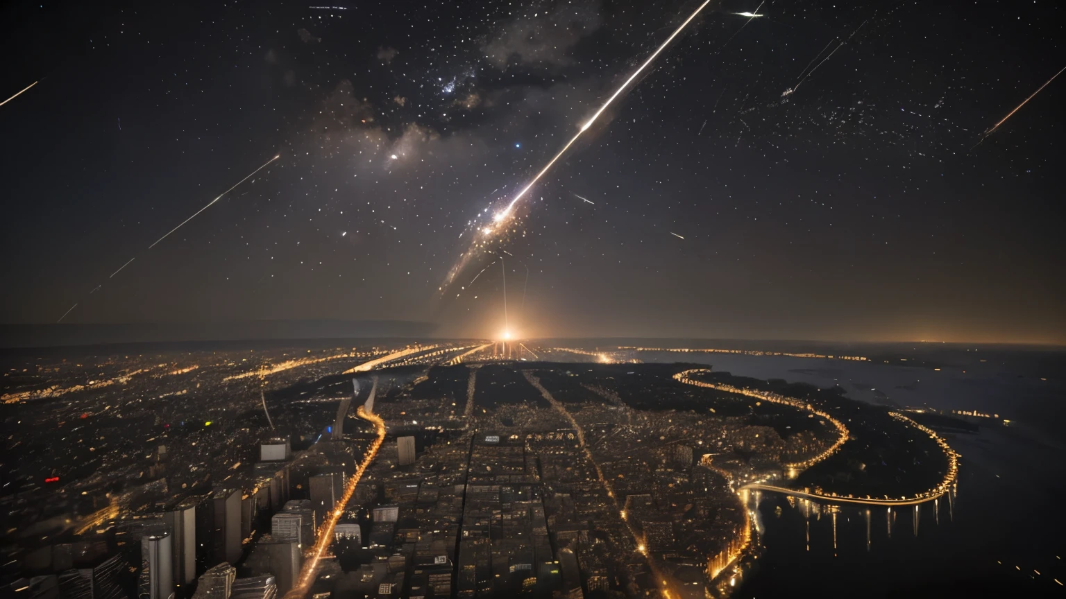 Meteor shower falling over the city