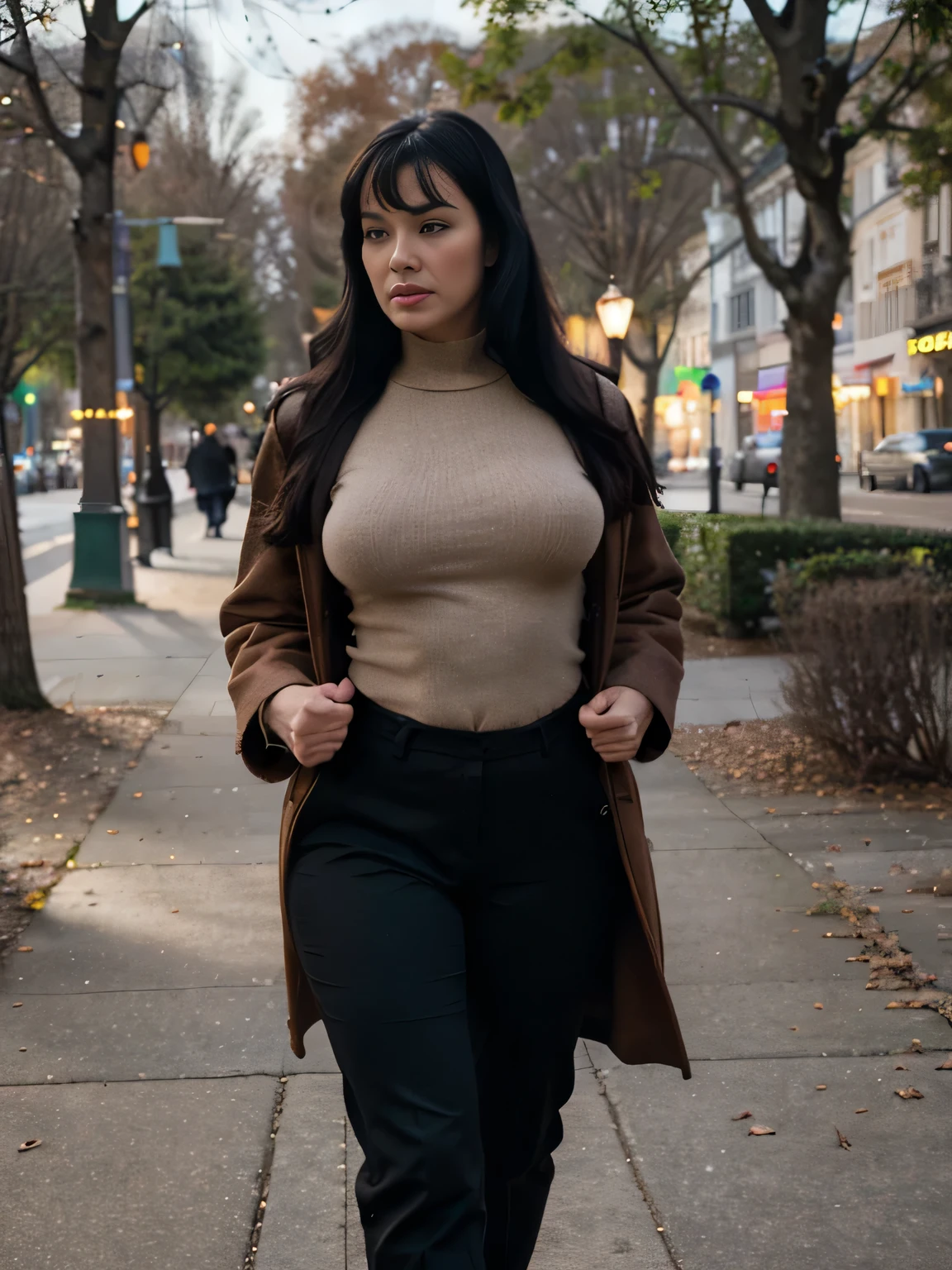 Bettie Page  walking in the park. Close photo. Long black hair. Wearing brown coat, trousers and pulover. Winter. Busty and big ass. Perfect body anatomy. Photorealistic. Realistic colors. Realistic lights. Masterpiece. Realistic anatomy. Highly detailed. Realistic details. High quality.