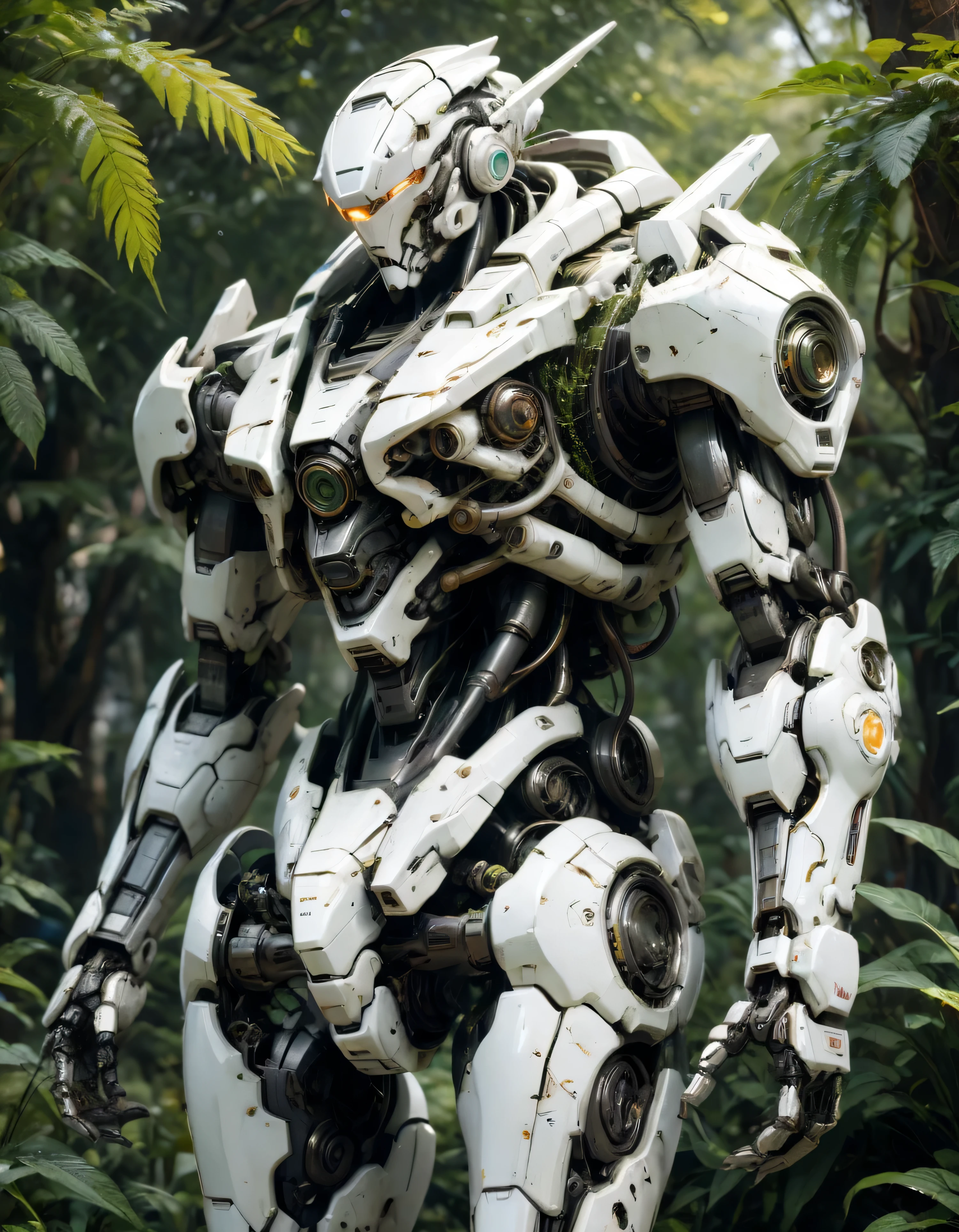 Abandoned white Mech, plants on Mech body, scratches, park, (best quality, masterpiece, Representative work, official art, Professional, Ultra intricate detailed, 8k:1.3)