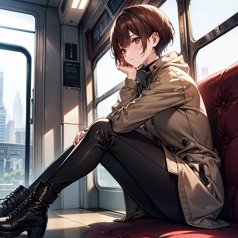masterpiece、Portrait、delicate details、On a city train、headphone、Slender beauty、tall、slim、I like the style、small breasts、Sharp Eyes、older sister、pixie cut、long side、short nape、Oversized zip-up mountain parka、Tight skinny pants、Thick-soled boots、Reddish brown hair、