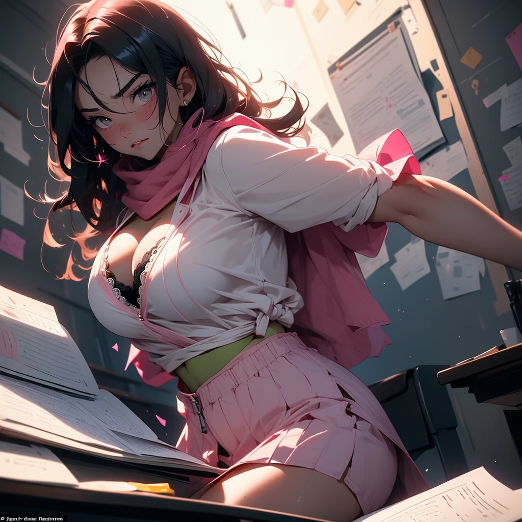 (A young attractive woman, very busty, long black messy hair like she just woke up, confused embarrassed expression, white open blouse revealing her light pink bra, black skirt unzipped at her ankles, soaked pink panties, red scarf) she is hot and flustered lying on her back on her desk legs spread, her body is being rocked as if she was having hard sex (breasts bouncing, body rocking back and forth), her panties and thighs are soaked with her cum. (subject 2: In the back of the class room a girl is drawing arcane symbols on her work papers and watching her teacher with an evil grin)