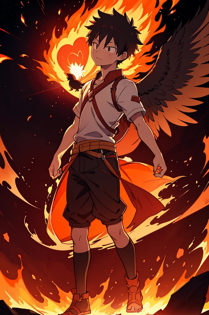 Silhouette of Katsuki Bakugou standing against the light, red stars and orange flames in th background, A heart-shaped flame, blooming flower and a bird showing the transformative power of love.
