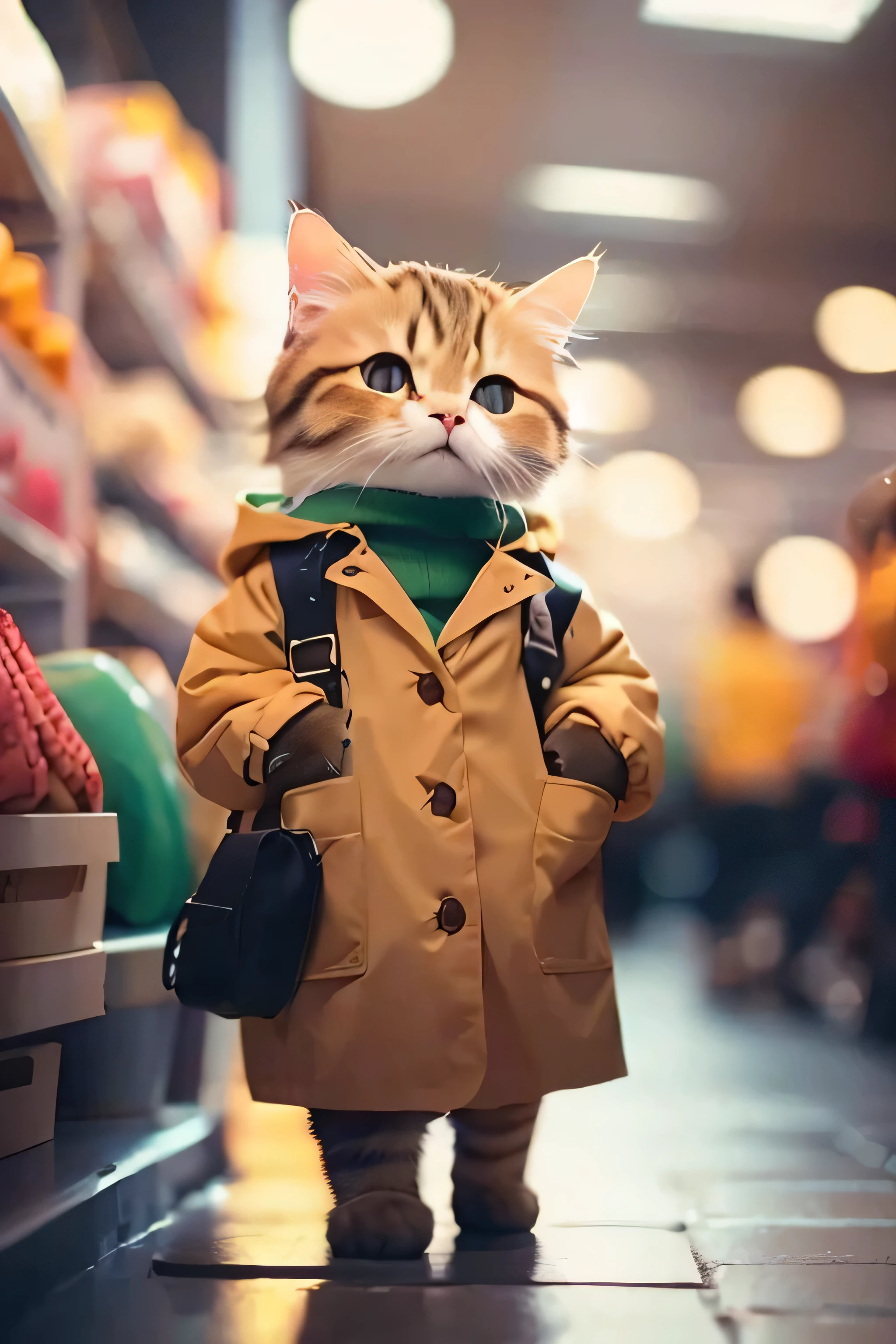 Brown cat in Chinese supermarket, masterpiece, high quality, Wear a tweed coat, Kodak 400, film grain,Very detailed brown cat, high quality cat fur and features, 