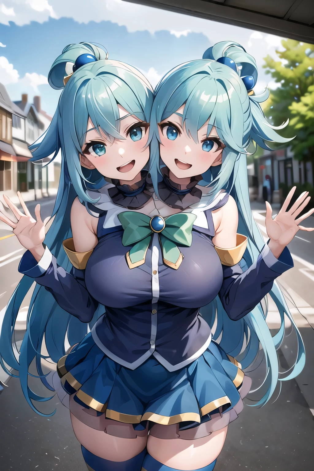 (2heads:1.5), masterpiece, best quality, highres, aaaqua, long hair, blue hair, hair rings, hair ornament, choker, bare shoulders, green bow, blue shirt, detached sleeves, blue skirt, thighhighs, smile, open mouth, standing, waving, town,