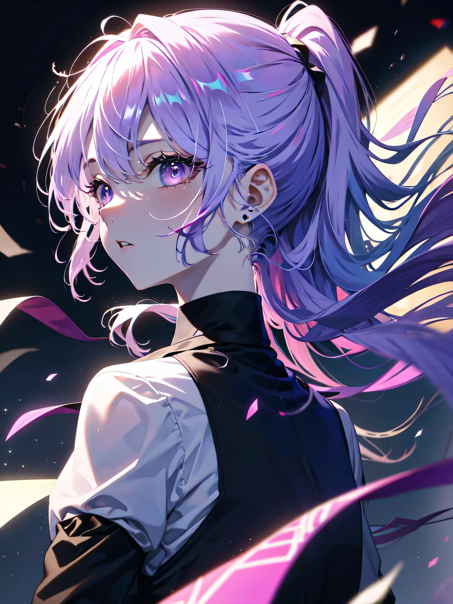 purple hair，profile，Female person，headphoneike stand、Purple suit set、black shirt、cutter shirt、Blue pubic hair in the eye