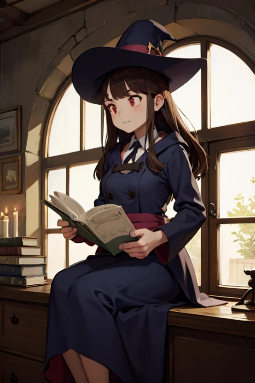 A brown haired female witch with red eyes with an hourglass figure in a conservative Victorian dress is reading by an open window