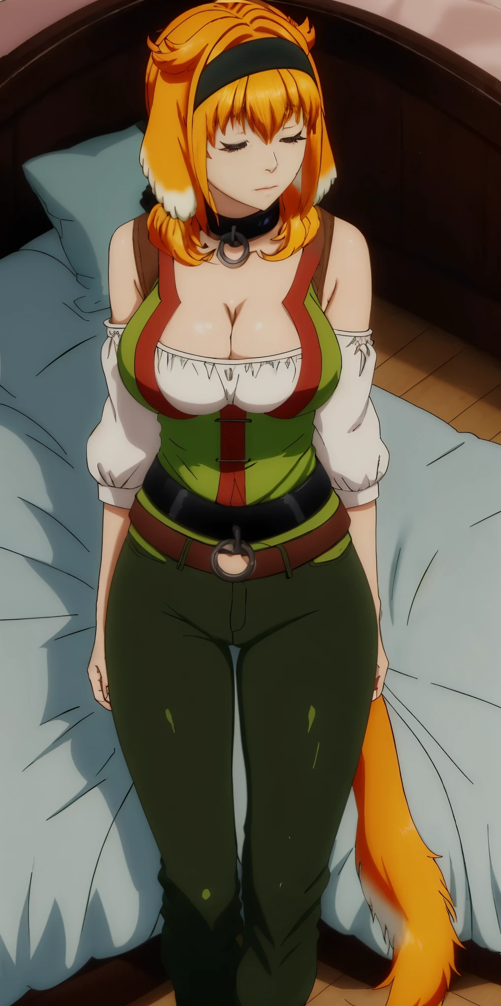 Roxanne Demin kin 1girl, solo, breasts, large breasts, navel, animal ears, cleavage, tail, hairband, pants, orange hair, collar, dog ears, dog tail, dog girl, black collar, green pants, floppy ears, eyes closed, sleeping, lying on bed, waist up, leather slave collar choker, bracers