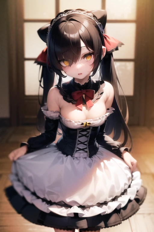 (Masterpiece, 8k, Best Quality, Highly detailed, depth of field:1.4), 1girl, tokisaki kurumi, black hair, twintails, (hair over one eye:1.5), (red eyes:1.2), (yellow eyes:1.5), heterochromia, (small breast:1.2), ****ta hairband, dress, bow, ribbon, ****ta fashion, gothic ****ta