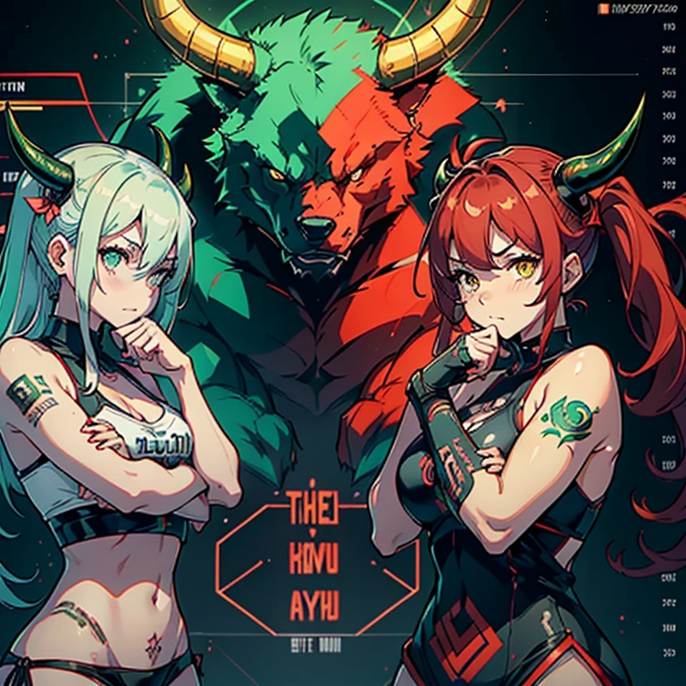 ( 2 muscular girls yellow eyes hair between their eyes pale skin sweaty tattoo with several bitcoin fortunes in the background several screens Each Etherius NFT is unique, showing subtle variations in its design that reflect the fluctuations of the cryptocurrency market tattooed with several without those of bitcoin etherius and a great variation of cryptocurrencies and where 2 NFT 1 in the shape of a green bull and the other in the shape of a red bear in a screen of graphs symbolizing the rise and fall of the market 2 girls, one in the shape of a green bull with its bull horns and the other girl in the shape of a red bear with bear ears with various signs of bitcoin and cryptocurrencies in the background the girl red bear with bear ears and the green bull girl with bull ears plus market fluctuations screens