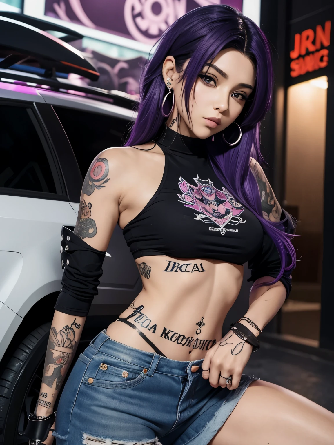 ((Ultra-high realistic image quality)), (Masterpiece: 1.5), (Best Quality: 1.5), High Resolution, High Detail, ((3 Girls, three girls)), Skin Highlight, Sharpen, Clear, straight hair, ponytail, cowboy shot,multicolored hair, rainbow colored bangs, Jewelry, bracelet, earrings, pale skin, smile, (American Car Exhibition Hall:1.4), Overhead view viewing angle, Angle from above, tiny micro bikini, (small boobs), wide gap between thighs:1.6, large crotch gap, short, round hips, chubby, cleavage, makeup, navel piercing, Double Eyelids, small shoulders, flirting, ghetto tattoos, A lot of tattoos on the girls body, Hibiscus hair ornament,