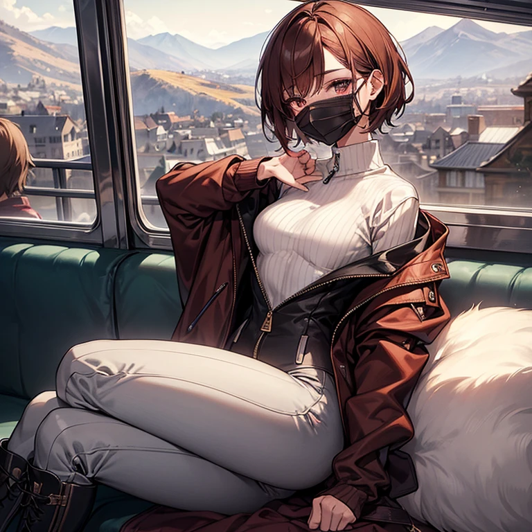 masterpiece、mask beauty、Portrait、delicate details、On a city train、headphone、Slender beauty、tall、slim、I like the style、small breasts、Sharp Eyes、older sister、pixie cut、long side、short nape、Oversized zip-up mountain parka、Tight skinny pants、Thick-soled boots、Reddish brown hair、