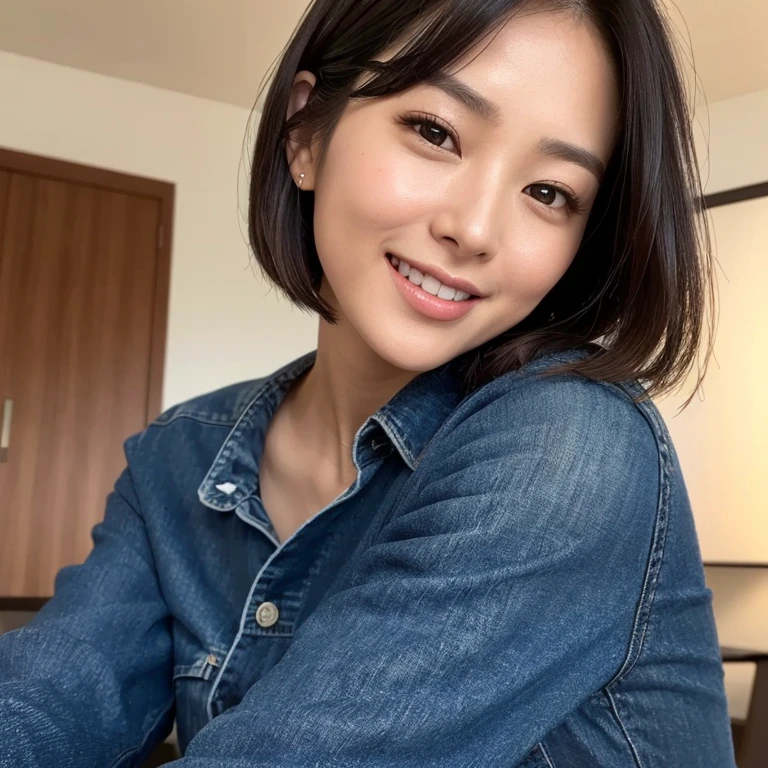 The face of a beautiful Japanese woman in her thirties with short hair, wearing a dark blue long-sleeved cotton shirt and jeans pants, looking at me, smiling slightly, and holding out her hand. Focal length 100mmf/2.8, spring day, sunny, living room on the upper floor of a high-rise apartment, ideal light source, well-shaped face, toned body, close-up of eyes, sense of presence, 8K image quality, highest quality.