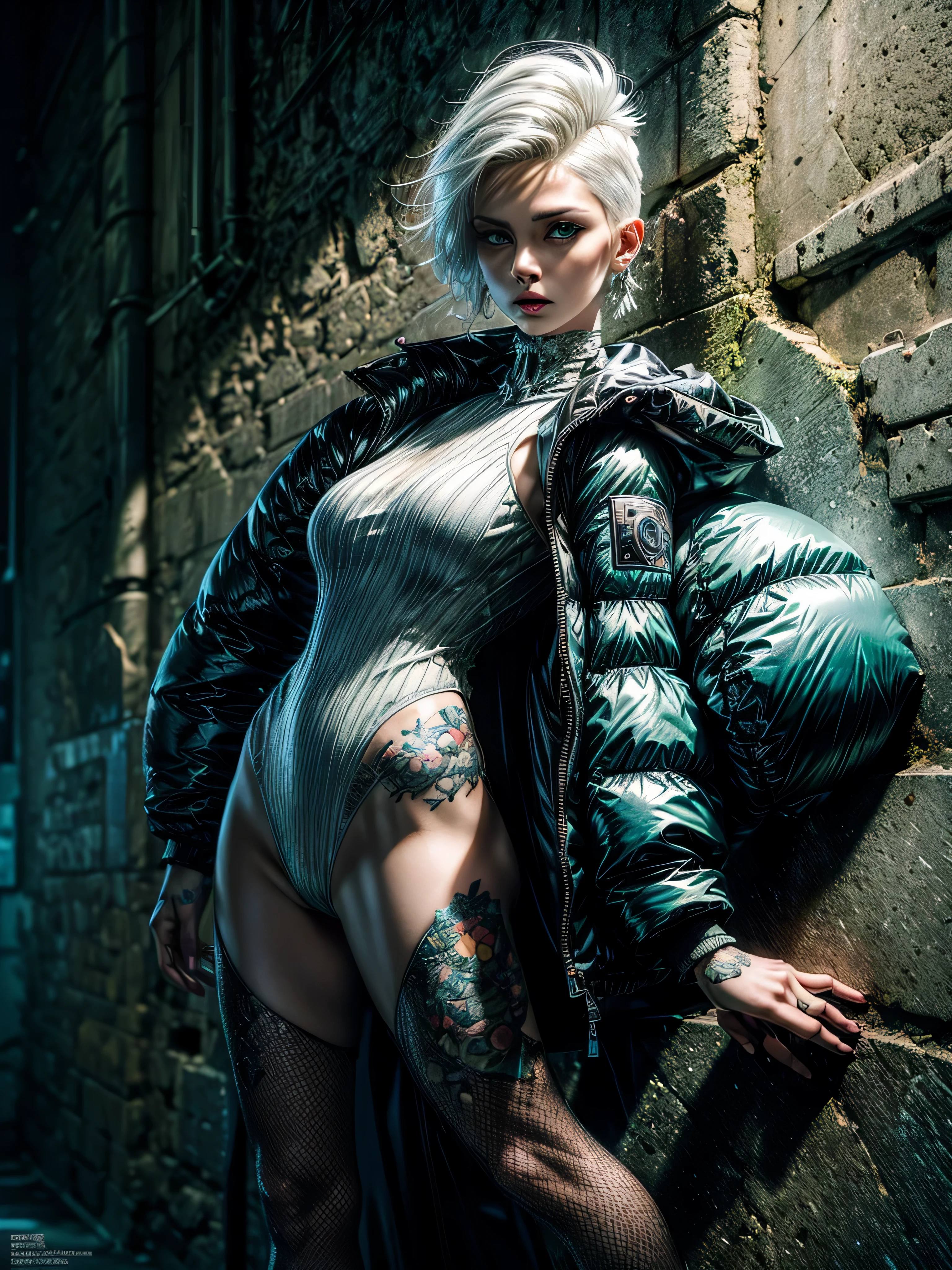 magazine cover,realistic,photo,raw photo, ultra high definition, 35mm,cinematic(1woman with super puffer balenciaga jacket with short hair,white hair, green eyes, full body view,neck tattoos), leaning against a wall, colorful background graphite,ultra sharp