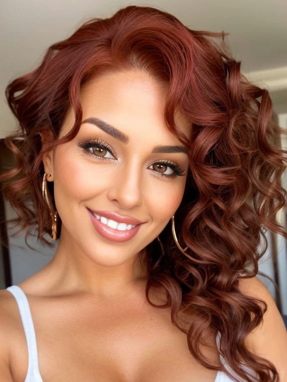 Close-up of a woman with red curly brown hair in her 30s, 🤬 🤮 💕, modelo, colageno, sexy, sin maquillaje, sonriendo, agraciada y bella mujer, mirada sensual,
