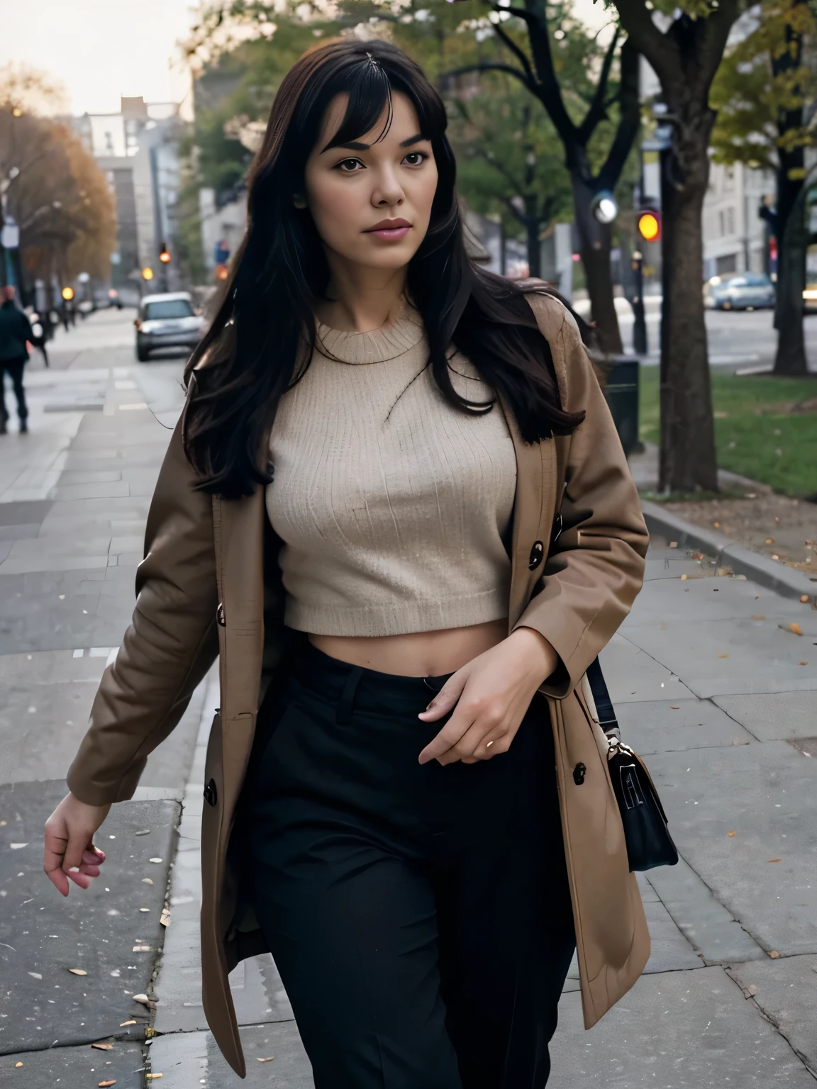 Bettie Page walking in the park. Close photo. Long black hair. Wearing brown coat, trousers and pulover. Winter. Perfect body anatomy. Photorealistic. Realistic colors. Realistic lights. Masterpiece. Realistic anatomy. Highly detailed. Realistic details. High quality.