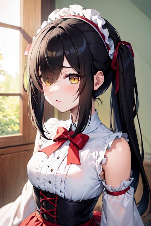 (Masterpiece, 8k, Best Quality, Highly detailed, depth of field:1.4), 1girl, tokisaki kurumi, black hair, twintails, (hair over one eye:1.5), (red eyes:1.2), (yellow eyes:1.5), heterochromia, (small breast:1.2), lolita hairband, dress, bow, ribbon, lolita fashion, gothic lolita