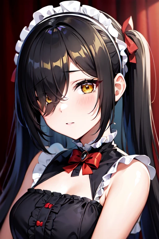 (Masterpiece, 8k, Best Quality, Highly detailed, depth of field:1.4), 1girl, tokisaki kurumi, black hair, twintails, (hair over one eye:1.5), (red eyes:1.2), (yellow eyes:1.5), heterochromia, (small breast:1.2), lolita hairband, dress, bow, ribbon, lolita fashion, gothic lolita