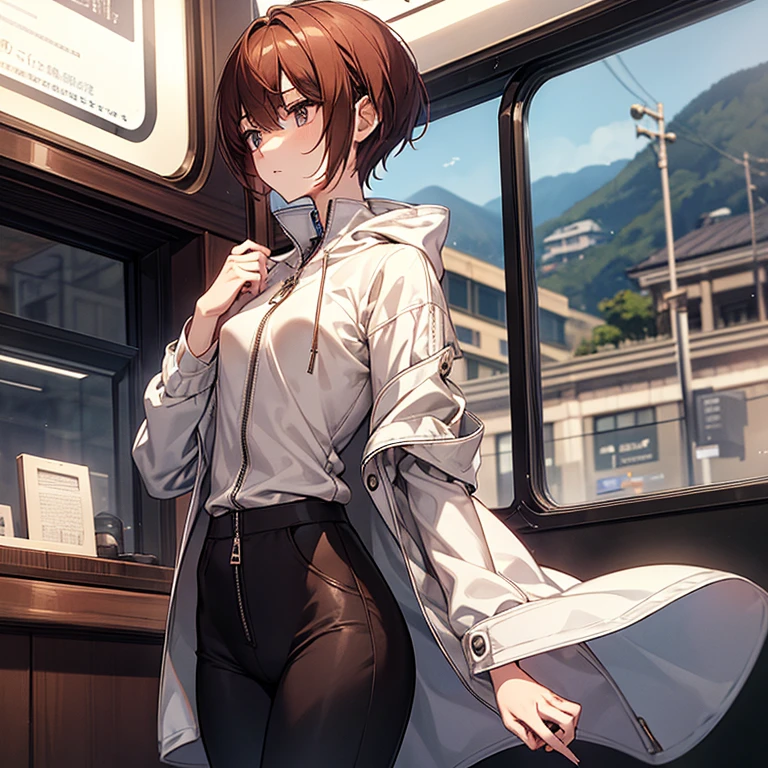 masterpiece、ephemeral、delicate details、On a city train、headphone、Slender beauty、tall、slim、I like the style、small breasts、Sharp Eyes、older sister、pixie cut、long side、short nape、Oversized zip-up mountain parka、Tight skinny pants、Thick-soled boots、Reddish brown hair、