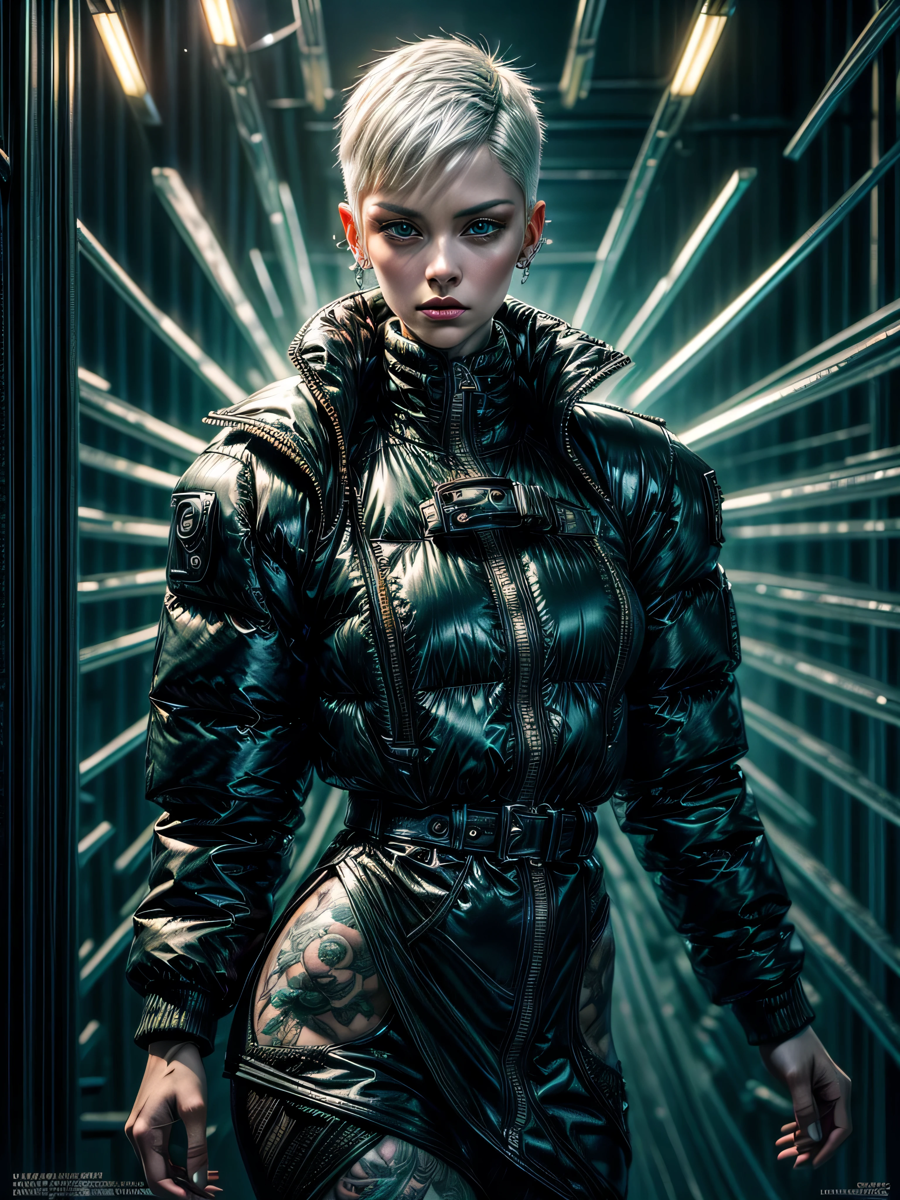 magazine cover,realistic,photo,raw photo, ultra high definition, 35mm,cinematic(1woman with super puffer balenciaga jacket with short hair,white hair, green eyes, full body view,neck tattoos), leaning against a wall, colorful background graphite,ultra sharp