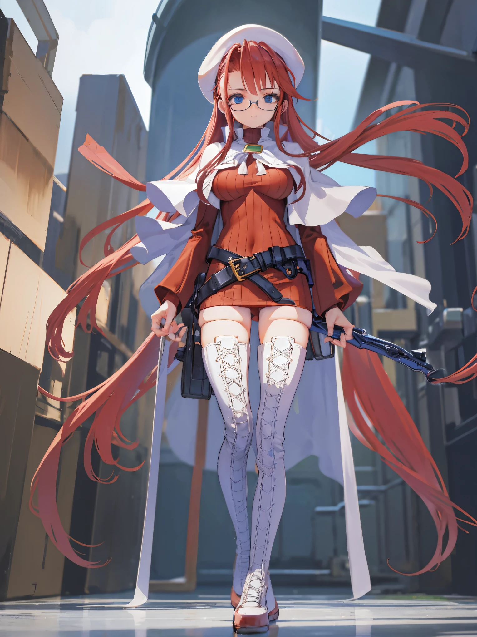 summonnightaty, aty, long hair, blue eyes, red hair, beret, hat, glasses,
BREAK long hair, thighhighs, hat, dress, boots, glasses, belt, cape, sweater, zettai ryouiki, beret, thigh boots, white footwear, ribbed sweater, loose belt,solo,
BREAK outdoors, fantasy,on_a_ship,
BREAK (masterpiece:1.2), best quality, high resolution, unity 8k wallpaper, (illustration:0.8), (beautiful detailed eyes:1.6), extremely detailed face, perfect lighting, extremely detailed CG, (perfect hands, perfect anatomy),covered_nipples,covered_navel,light_smile ,(half_eyes:1.4),sword,armpit,sleepy,dynamic_standing,barrel,red_sweater,apart_legs,magical_effect,pulmp,big_tits,