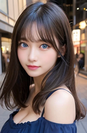 table top, highest quality, figure, Super detailed, finely, High resolution, 8k wallpaper, 完璧なダイナミックな構figure, (Detailed and beautiful blue eyes:1.2), big eyes, white skin, shiny hair,Black off-the-shoulder dress,(medium hair:1.3),(blonde hair:1.2),(big breasts:1.5), natural color lip, bold sexy pose, smile, Harajuku, 20 year old girl, (cute:1.4), sexy shot looking at camera, front、whole body
