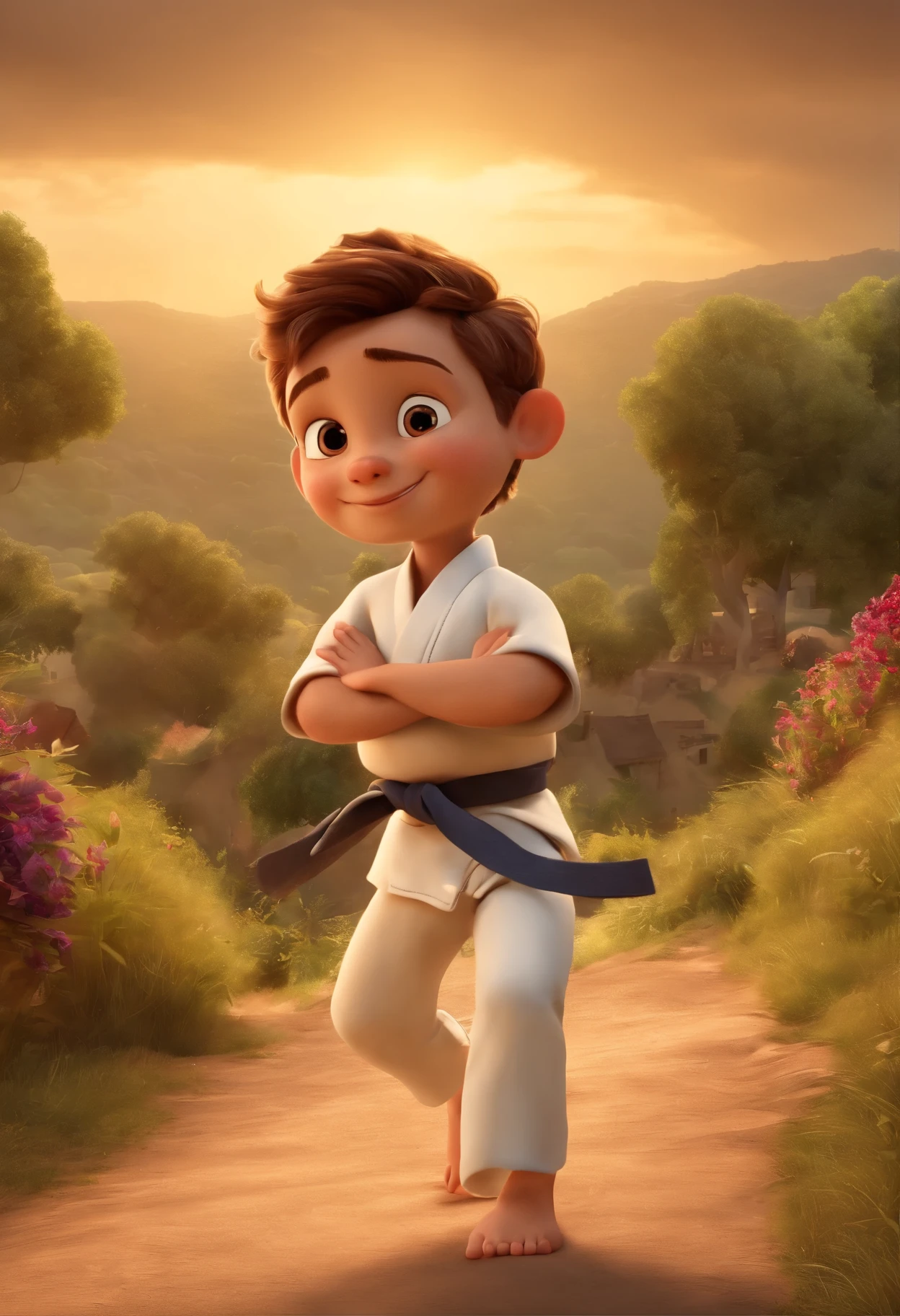 Image d'a boy for a story in a YouTube video in Pixar format, C'est le petit Arthur, C'est le chef de classe, Il est sortant, mischievous, il adore le judo, une affiche passe devant un terrain de sport, il combat la capoeira
