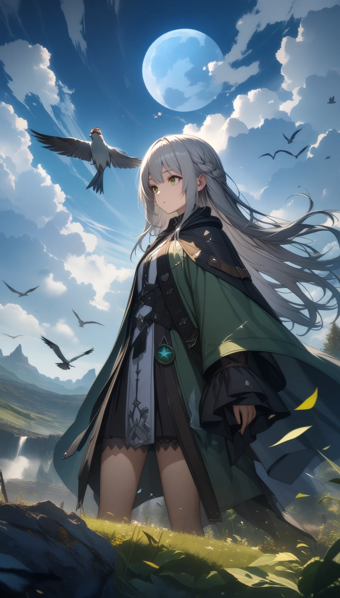 32k, best quality, ultra high res, HDR, UHD, extremely detailed CG, unity 32k wallpaper, highest quality, very detailed, masterpiece, Super detailed, cloud, witch_have, have, 1 girl, null, green_null,Day, length_hair, cloudy_null, moon,bird, alone, Silver_hair, witch, outdoor,