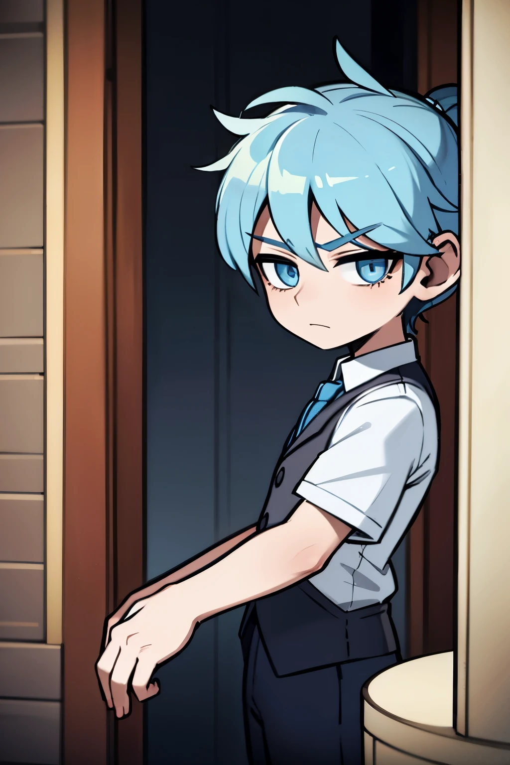 young boy with blue hair tied up on both sides, blue eyes, a shy expression on his face.