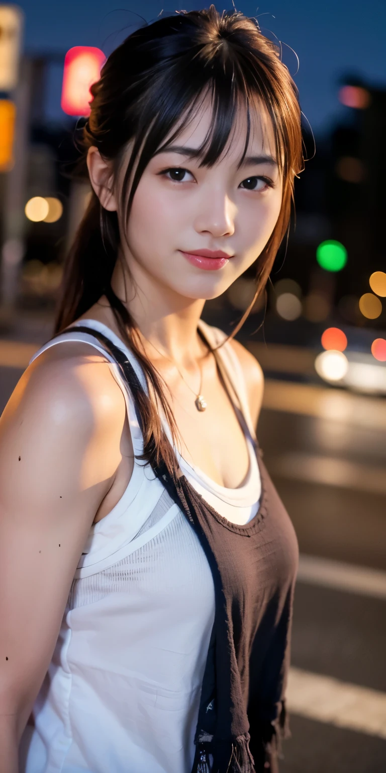 1 girl, tokyo street,night, cityscape,city lights,Upper body,close,smile,, (8K, Raw photo, highest quality, masterpiece:1.2),(realistic, photo-realistic:1.37),