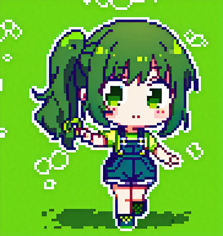 Masterpiece, Top Quality, 1Girl, green eyes,, green hair, side ponytail, overalls, taking a walk, (green Theme: 1.4), Cartoon, Chibi:1, no background