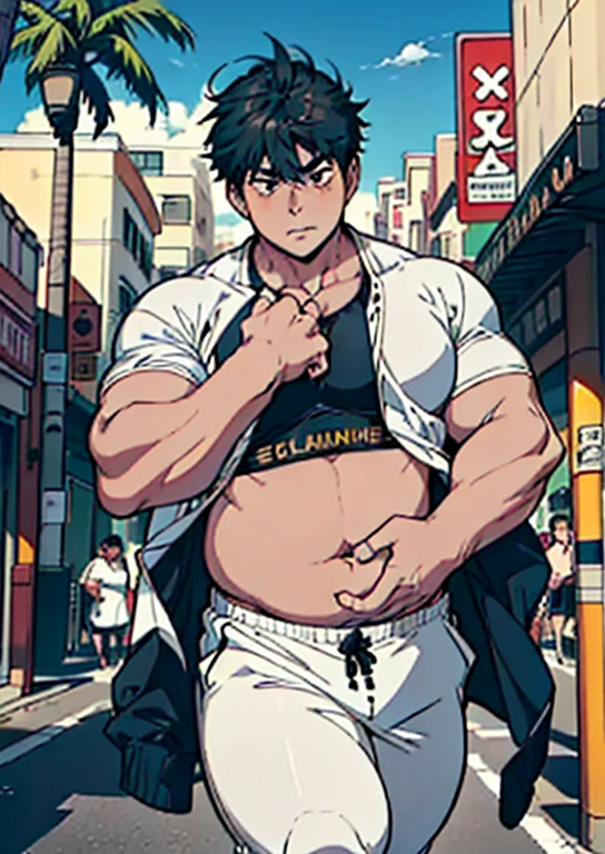 (((1 Fat male personality, large belly, extremely thick thighs, talking and gesturing with his hands, boca aberta falando algo))), fazendo compras nas ruas da cidade, he is undressed wearing only white swim trunks and a watch.cords on the neck. pulseira no pulso, roupas da moda jovem