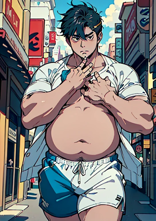 (((1 Fat male personality, large belly, extremely thick thighs, talking and gesturing with his hands, boca aberta falando algo))), fazendo compras nas ruas da cidade, he is undressed wearing only white swim trunks and a watch.cords on the neck.  pulseira no pulso, roupas da moda jovem