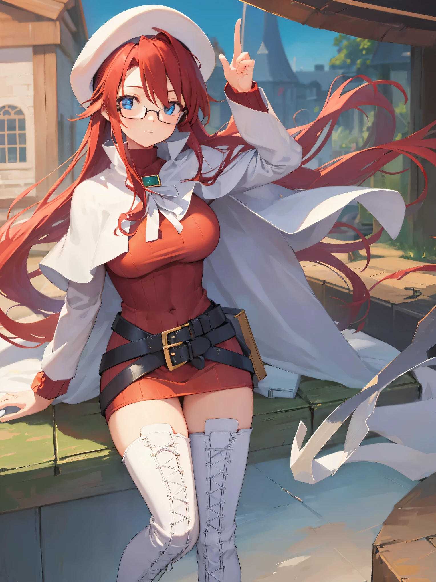 summonnightaty, aty, long hair, blue eyes, red hair, beret, hat, glasses,
BREAK long hair, thighhighs, hat, dress, boots, glasses, belt, cape, sweater, zettai ryouiki, beret, thigh boots, white footwear, ribbed sweater, loose belt,solo,
BREAK outdoors, fantasy,on_a_ship,
BREAK (masterpiece:1.2), best quality, high resolution, unity 8k wallpaper, (illustration:0.8), (beautiful detailed eyes:1.6), extremely detailed face, perfect lighting, extremely detailed CG, (perfect hands, perfect anatomy),covered_nipples,covered_navel,light_smile ,(half_eyes:1.4),sword,armpit,sleepy,dynamic_standing,barrel,red_sweater,apart_legs,magical_effect,pulmp,big_tits,