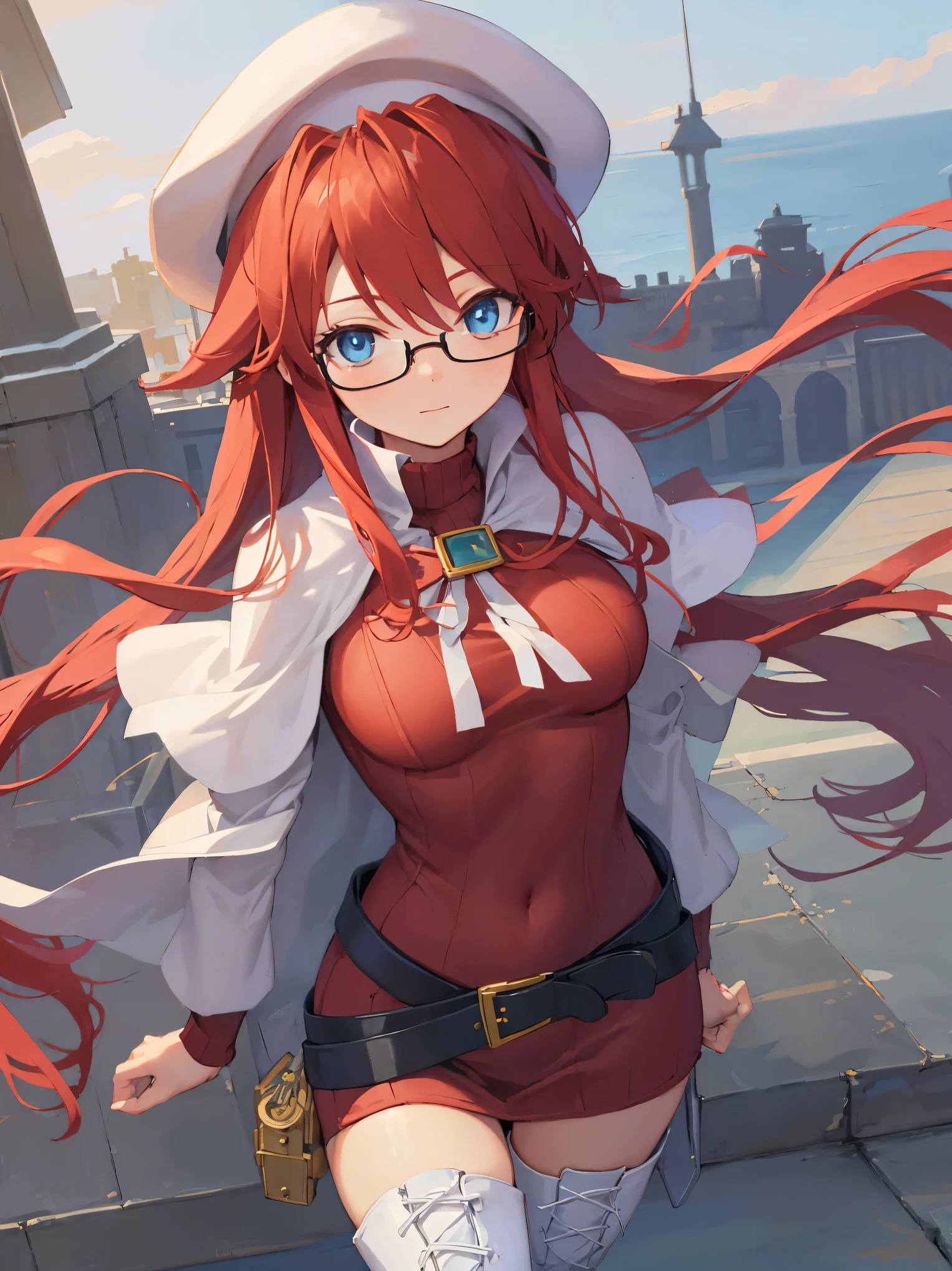 summonnightaty, aty, long hair, blue eyes, red hair, beret, hat, glasses,
BREAK long hair, thighhighs, hat, dress, boots, glasses, belt, cape, sweater, zettai ryouiki, beret, thigh boots, white footwear, ribbed sweater, loose belt,solo,
BREAK outdoors, fantasy,on_a_ship,
BREAK (masterpiece:1.2), best quality, high resolution, unity 8k wallpaper, (illustration:0.8), (beautiful detailed eyes:1.6), extremely detailed face, perfect lighting, extremely detailed CG, (perfect hands, perfect anatomy),covered_nipples,covered_navel,light_smile ,(half_eyes:1.4),sword,armpit,sleepy,dynamic_standing,barrel,red_sweater,apart_legs,magical_effect,pulmp,big_tits,