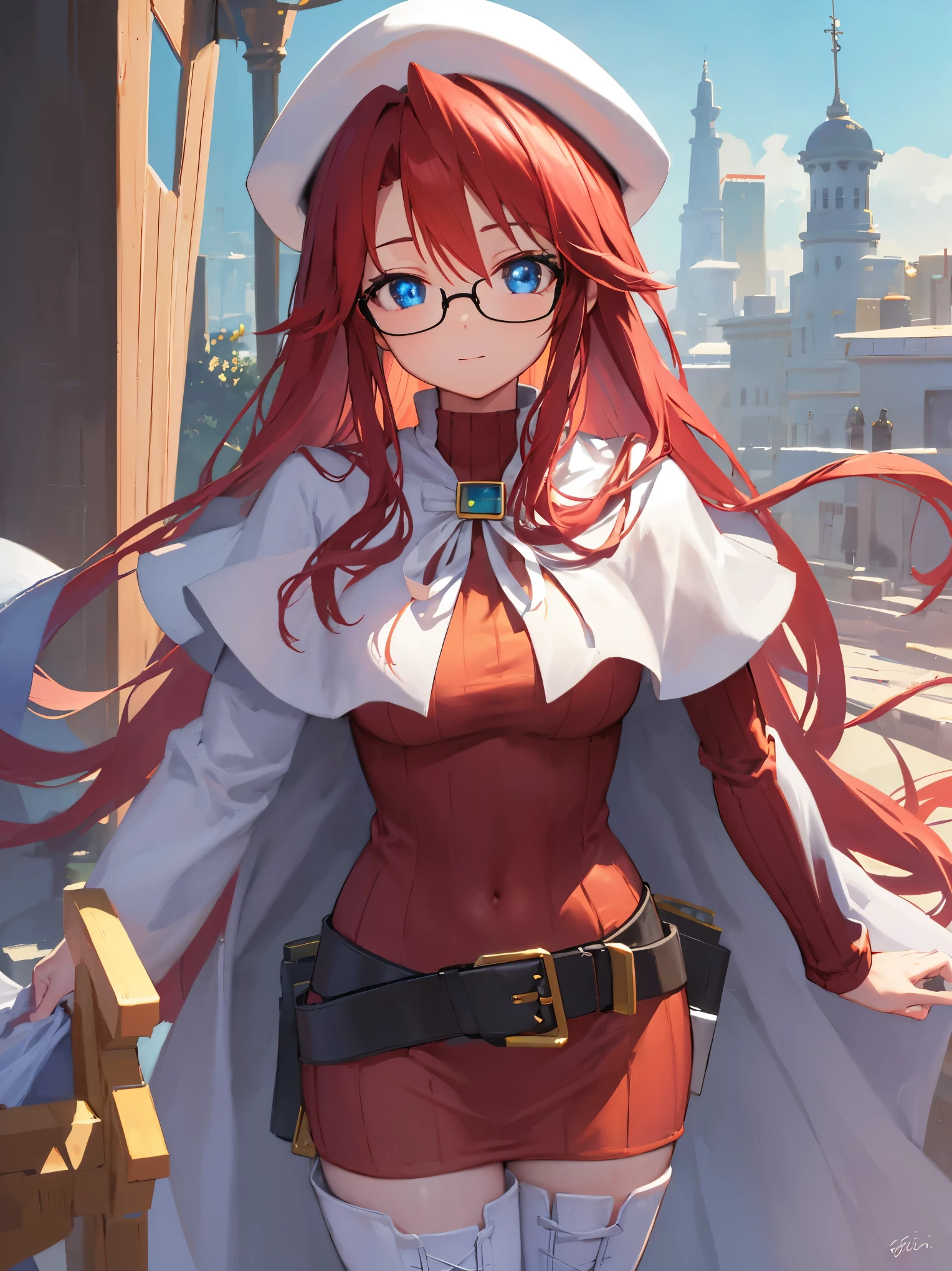 summonnightaty, aty, long hair, blue eyes, red hair, beret, hat, glasses,
BREAK long hair, thighhighs, hat, dress, boots, glasses, belt, cape, sweater, zettai ryouiki, beret, thigh boots, white footwear, ribbed sweater, loose belt,solo,
BREAK outdoors, fantasy,on_a_ship,
BREAK (masterpiece:1.2), best quality, high resolution, unity 8k wallpaper, (illustration:0.8), (beautiful detailed eyes:1.6), extremely detailed face, perfect lighting, extremely detailed CG, (perfect hands, perfect anatomy),covered_nipples,covered_navel,light_smile ,(half_eyes:1.4),sword,armpit,sleepy,dynamic_standing,barrel,red_sweater,apart_legs,magical_effect,pulmp,big_tits,