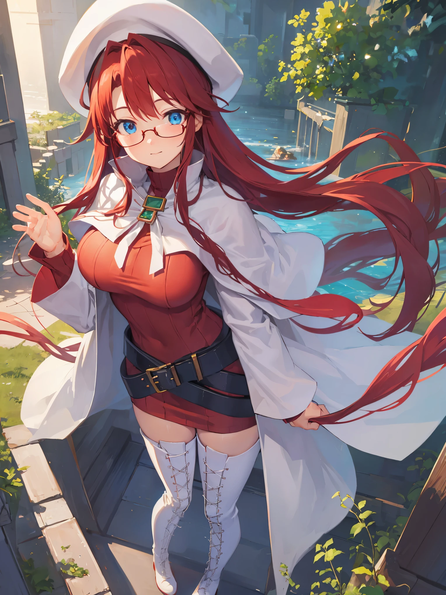 summonnightaty, aty, long hair, blue eyes, red hair, beret, hat, glasses,
BREAK long hair, thighhighs, hat, dress, boots, glasses, belt, cape, sweater, zettai ryouiki, beret, thigh boots, white footwear, ribbed sweater, loose belt,solo,
BREAK outdoors, fantasy,on_a_ship,
BREAK (masterpiece:1.2), best quality, high resolution, unity 8k wallpaper, (illustration:0.8), (beautiful detailed eyes:1.6), extremely detailed face, perfect lighting, extremely detailed CG, (perfect hands, perfect anatomy),covered_nipples,covered_navel,light_smile ,(half_eyes:1.4),sword,armpit,sleepy,dynamic_standing,barrel,red_sweater,apart_legs,magical_effect,pulmp,big_tits,