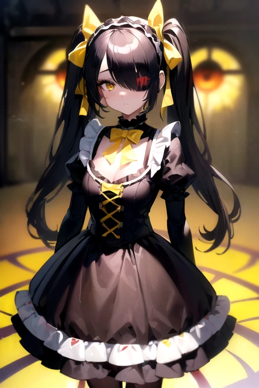 (Masterpiece, 8k, Best Quality, Highly detailed, depth of field:1.4), 1girl, tokisaki kurumi, black hair, twintails, (hair over one eye:1.5), (red eyes:1.2), (yellow eyes:1.5), heterochromia, (small breast:1.2), lolita hairband, dress, bow, ribbon, lolita fashion, gothic lolita