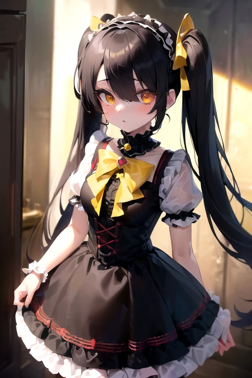 (Masterpiece, 8k, Best Quality, Highly detailed, depth of field:1.4), 1girl, tokisaki kurumi, black hair, twintails, (hair over one eye:1.5), (red eyes:1.2), (yellow eyes:1.5), heterochromia, (small breast:1.2), ta hairband, dress, bow, ribbon, loliashion, gothic lolita